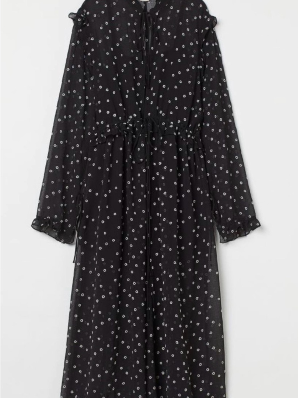 H&M Black Long Sleeve White Embroidered Polka Dot Maxi Dress